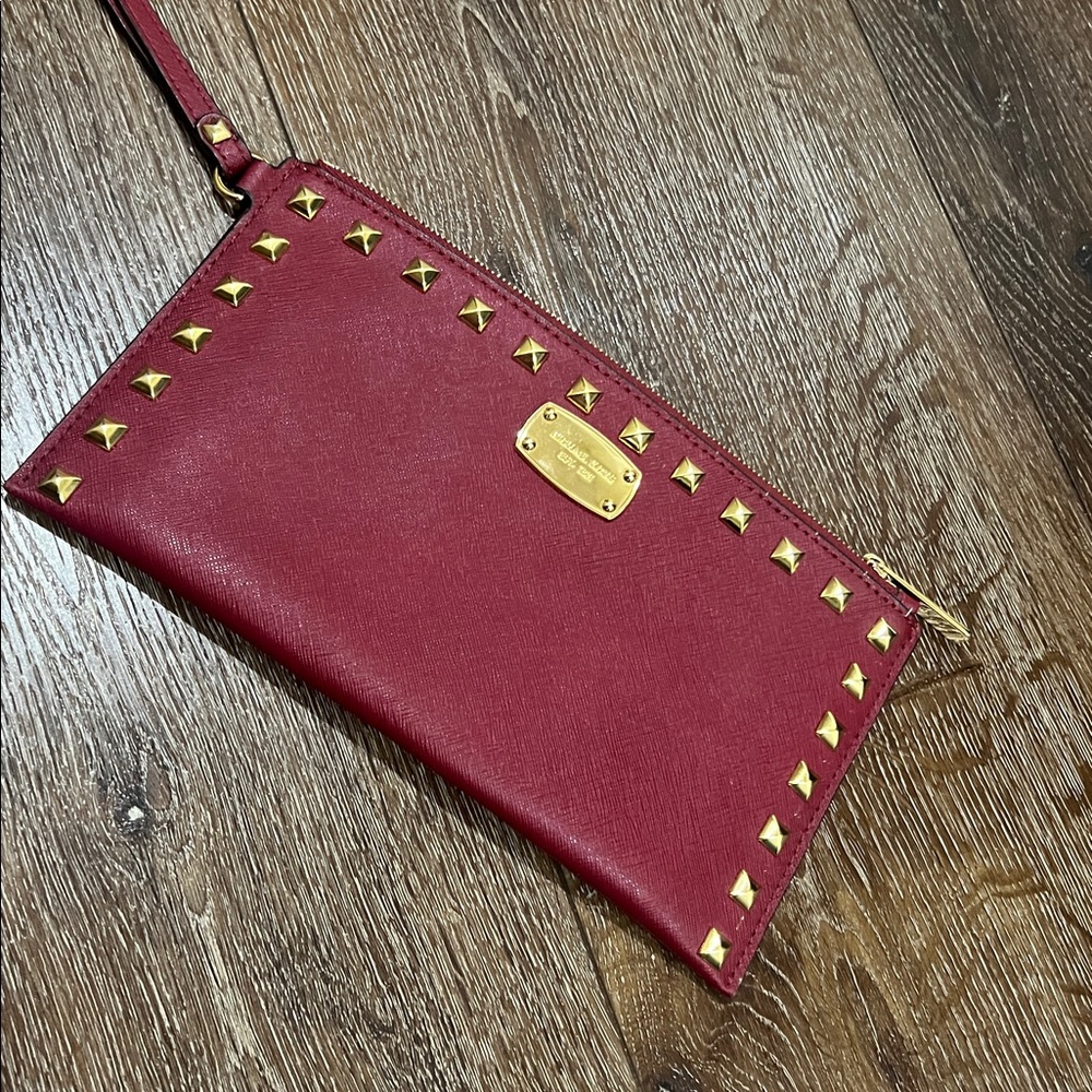 NWOT Michael Kors Red Leather Studded Wristlet maroon and gold color